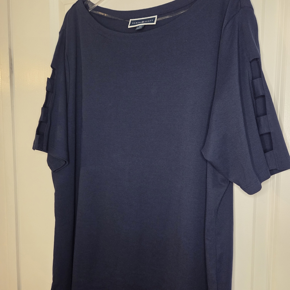 Karen Scott Navy 100% Cotton With Cut- Out Sleeves SZ 2X Preloved - Picture 3 of 11